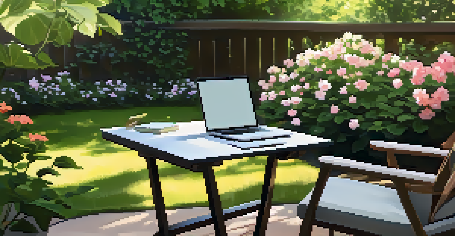 An outdoor workspace in a garden with a laptop on a table, surrounded by flowers and greenery, offering a peaceful remote work environment.