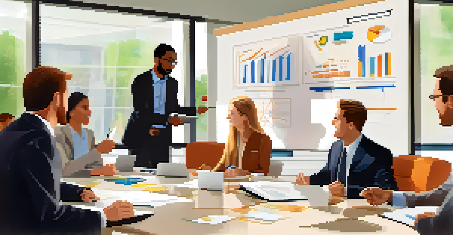 A team meeting in a bright conference room discussing lean management strategies with a whiteboard in the background.