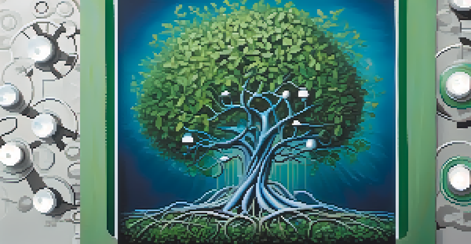 An abstract tree with roots made of gears and light bulbs, symbolizing growth and innovation against a green and blue background.