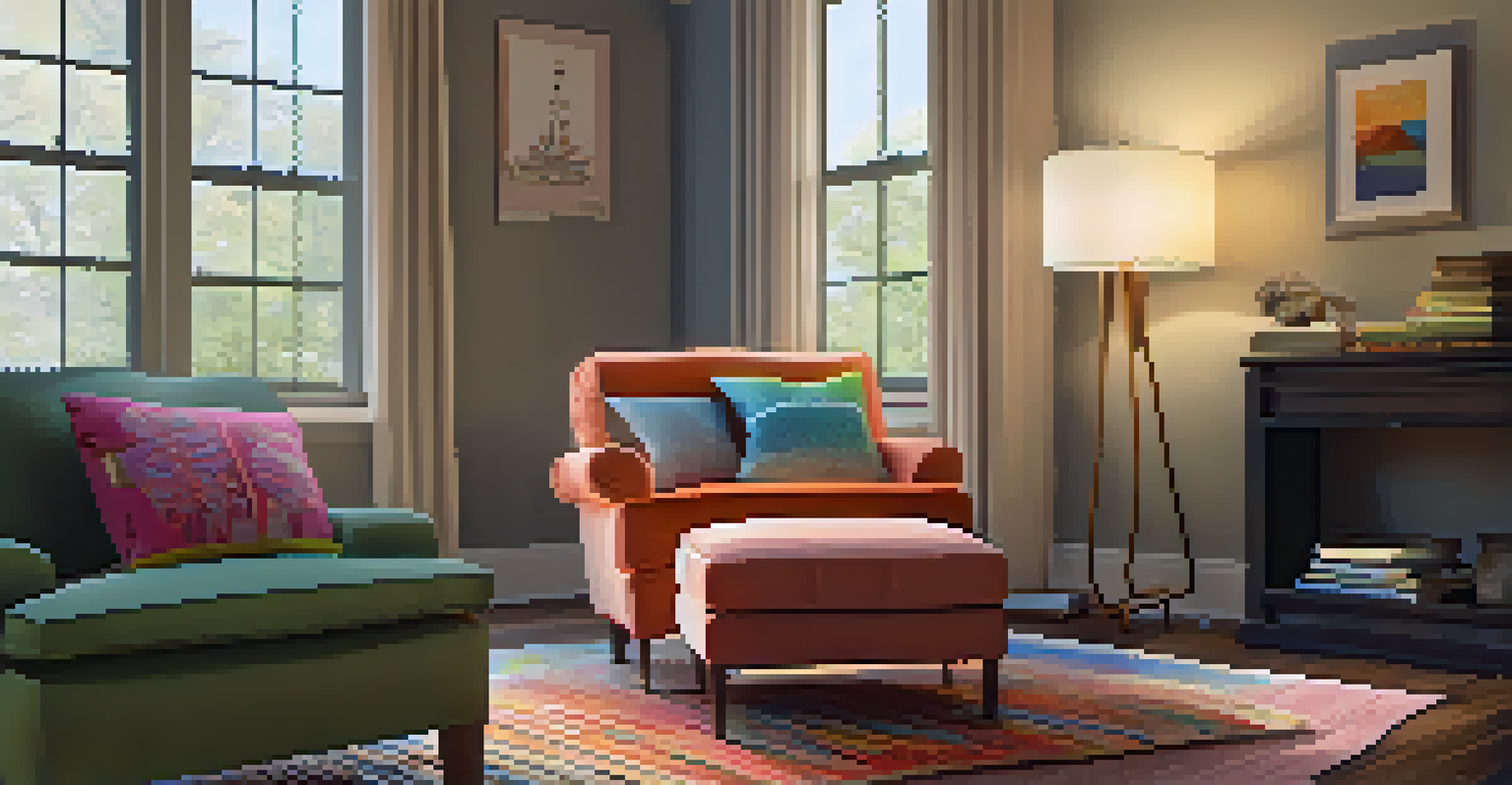 A cozy reading nook with an armchair, cushions, and a bookshelf, illuminated by a warm lamp.
