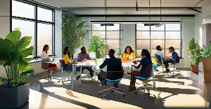A diverse group of employees in a bright office engaging in a brainstorming session with a whiteboard and colorful post-it notes.