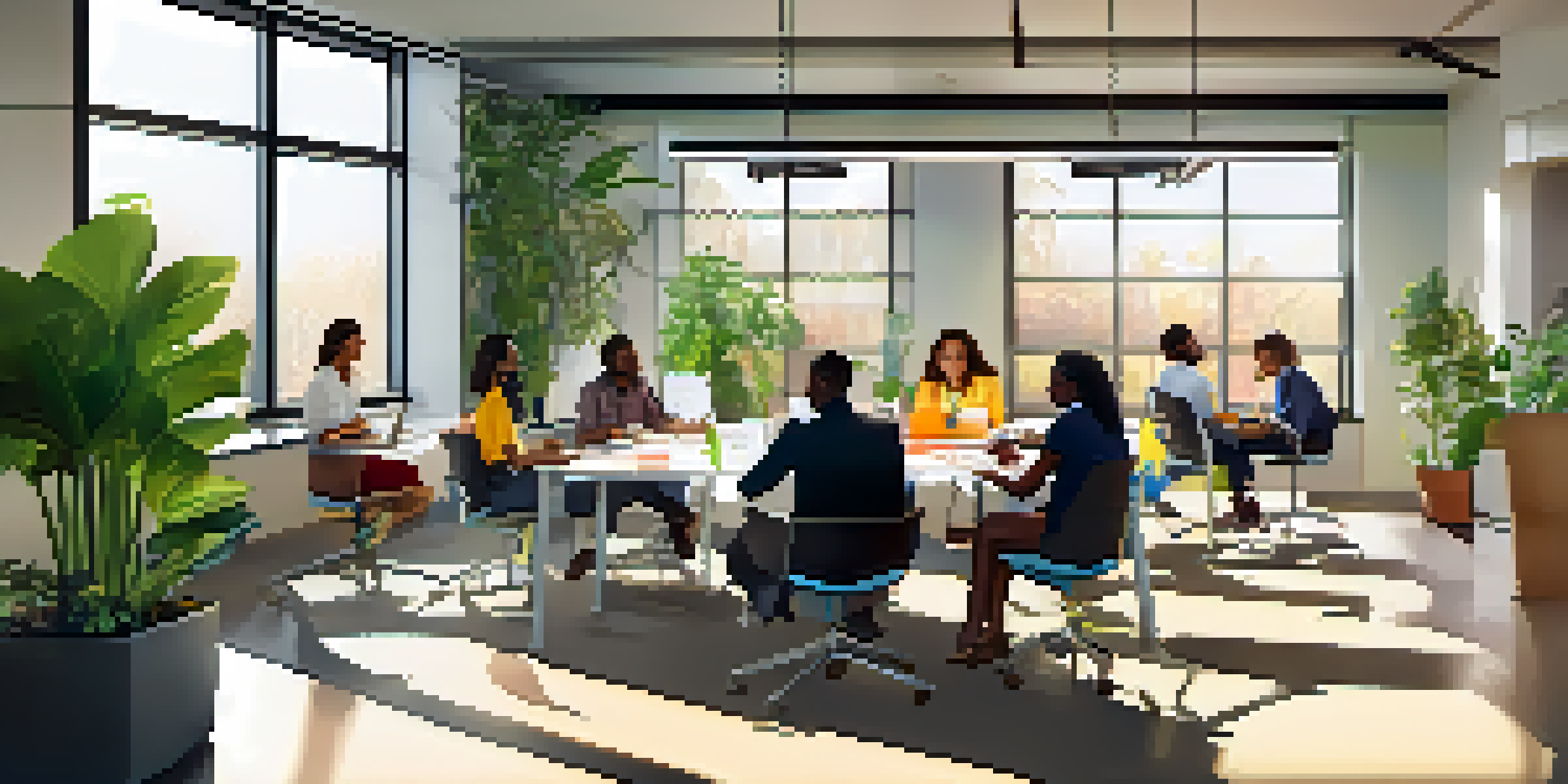 A diverse group of employees in a bright office engaging in a brainstorming session with a whiteboard and colorful post-it notes.