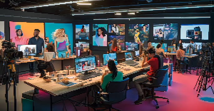 A lively social media studio with diverse content creators filming short-form videos. Colorful backdrops and lighting equipment are visible.