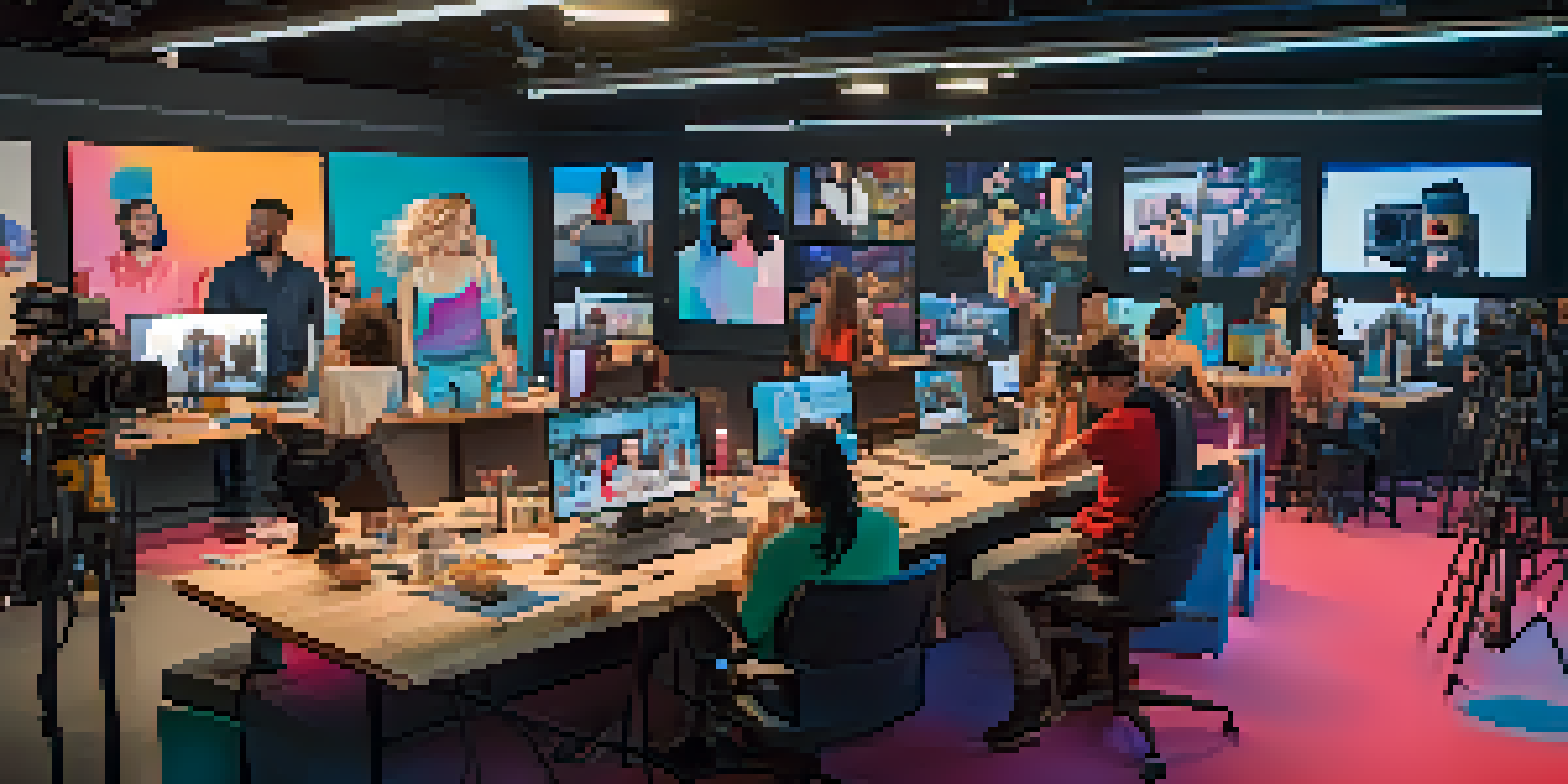 A lively social media studio with diverse content creators filming short-form videos. Colorful backdrops and lighting equipment are visible.