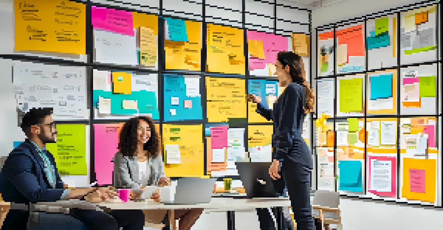 A marketing strategy board with colorful notes and graphs in a modern office setting, with team members collaborating.