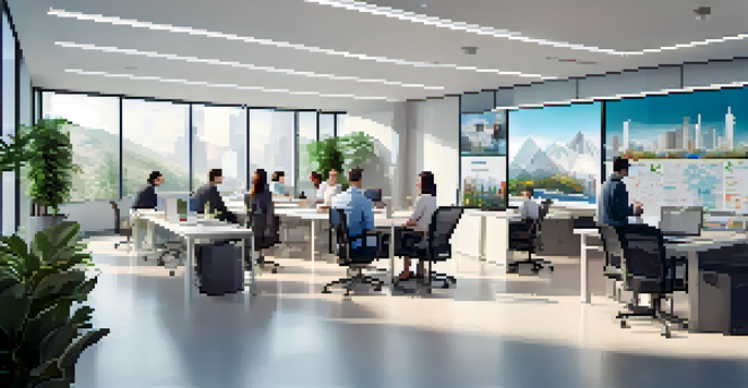 A bright office with professionals discussing around a conference table, with digital screens showing data analytics.