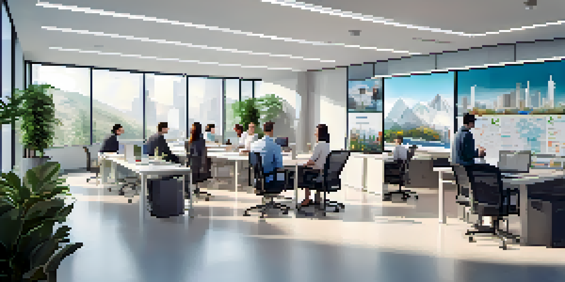 A bright office with professionals discussing around a conference table, with digital screens showing data analytics.