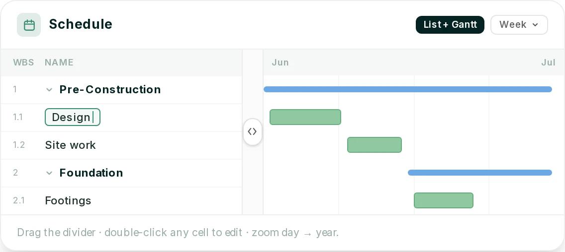 Ressio schedule in list and Gantt view with pre-construction and foundation phases