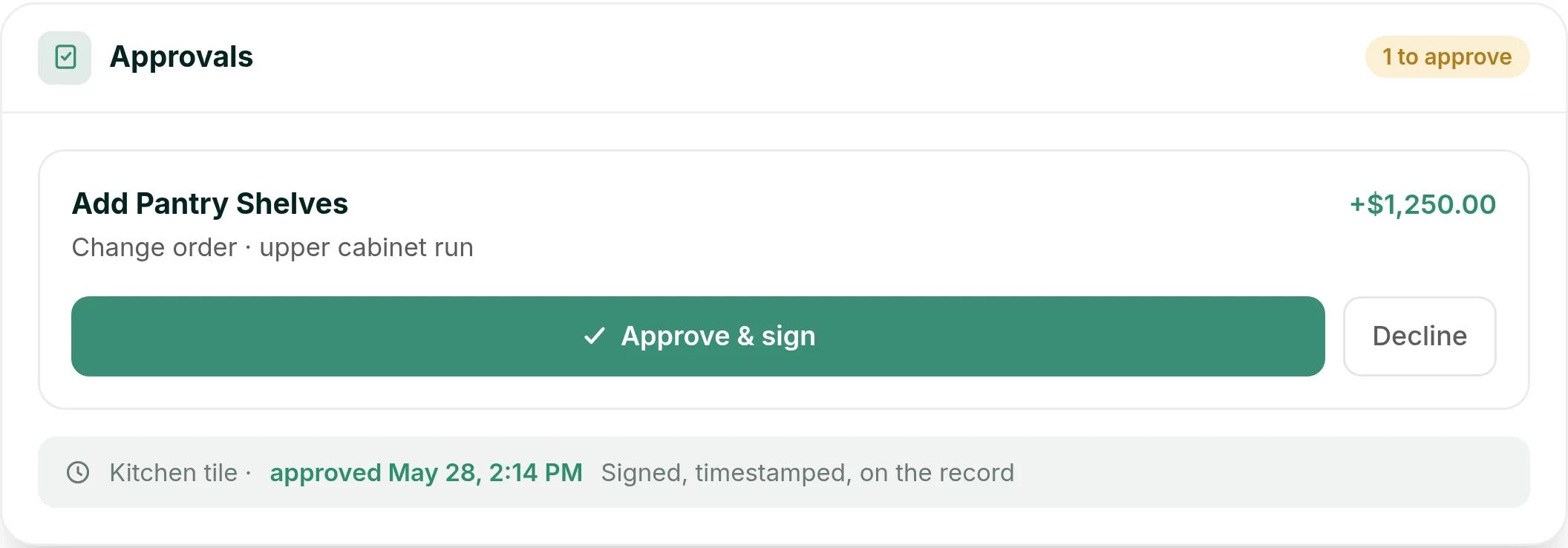 Ressio client portal showing a timestamped homeowner approval