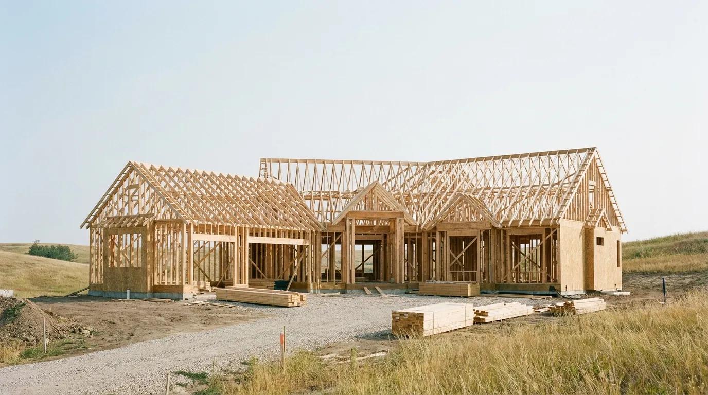 A custom home under construction at the framing stage, with roof trusses in place and lumber stacked on site