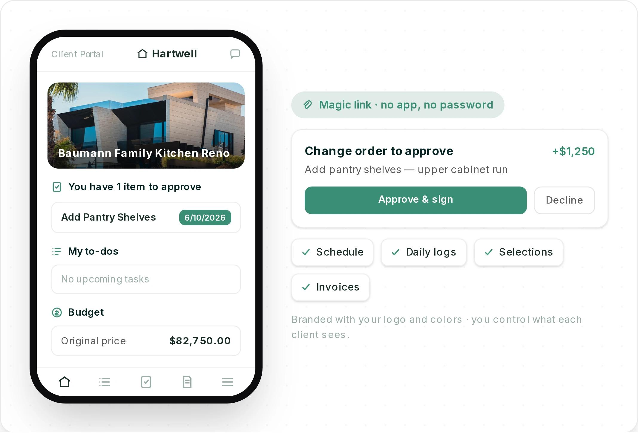 A Ressio client portal on a phone showing a homeowner's project, an item to approve, their to-dos and the original price