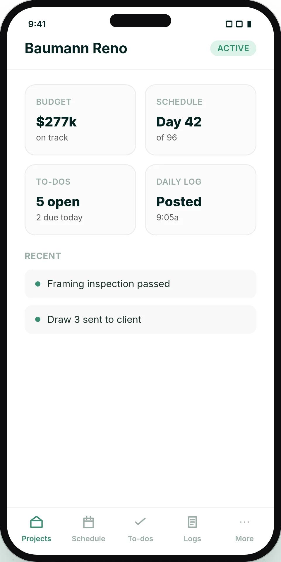Ressio mobile app project view showing five open to-dos and two due today