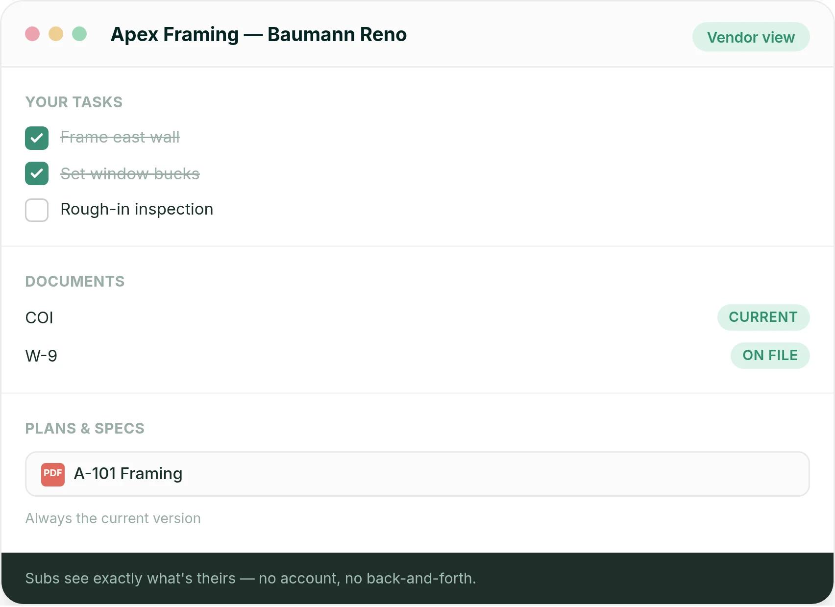 Ressio vendor portal for a framing sub showing only their tasks, their insurance and W-9 status, and the current framing plan
