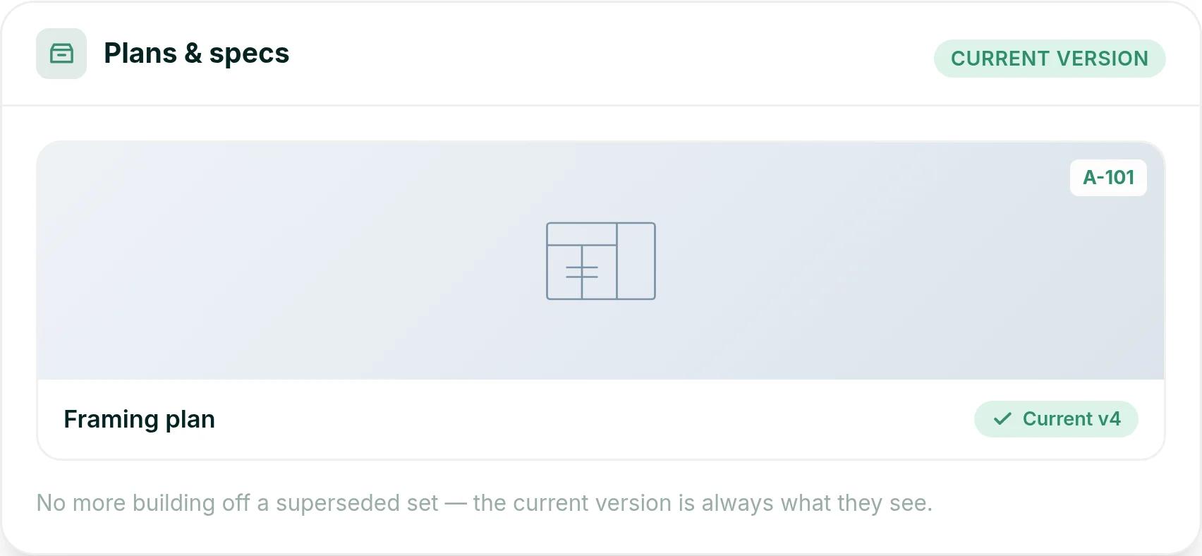 Ressio vendor portal plans and specs showing the A-101 framing plan at its current version, v4