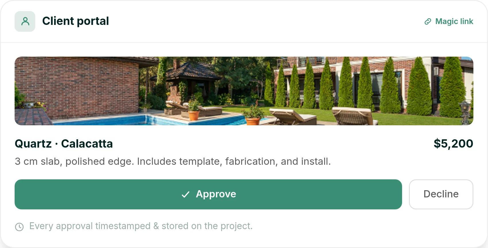 Ressio client portal showing a Calacatta quartz countertop selection at $5,200 with approve and decline buttons