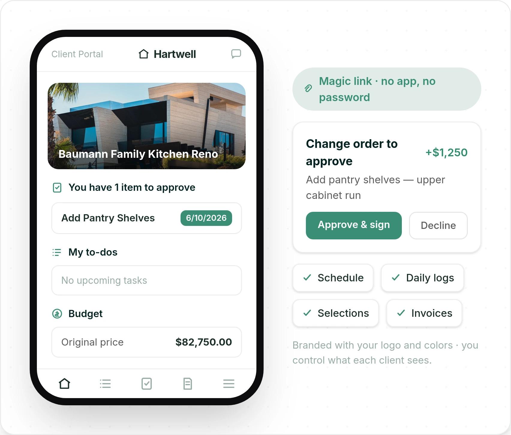 The Ressio client portal for the Baumann Family Kitchen Reno on a phone, with one item to approve, Add Pantry Shelves, the client to-dos and the original price