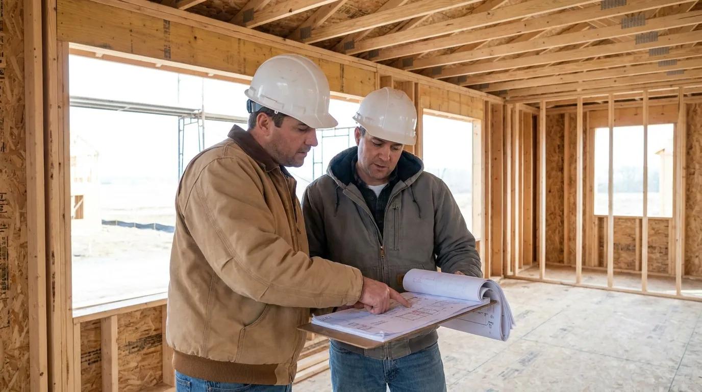 Two builders on a framed jobsite reviewing a marked-up set of plans on a clipboard, one pointing at a revised detail