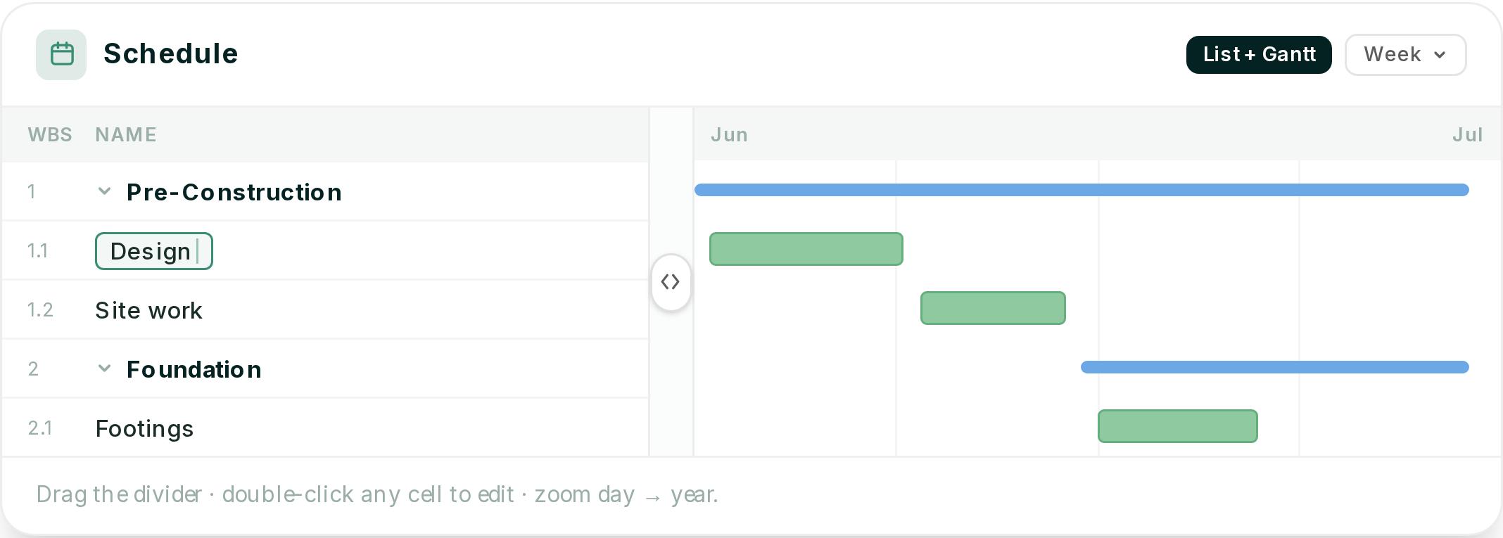 A Ressio schedule in combined list and Gantt view, with a Pre-Construction phase above Foundation and task bars across June and July