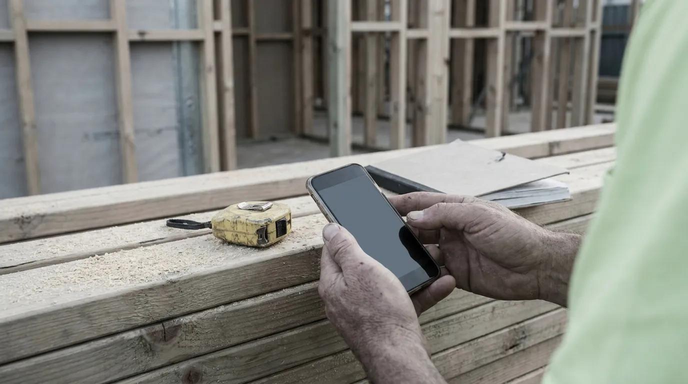 A builder holds a smartphone at framed timber walls on a residential job site, a tape measure and notebook beside them