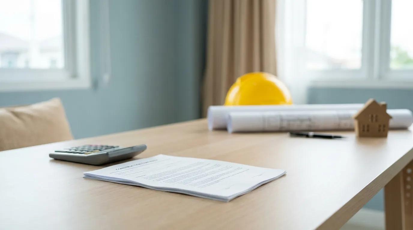 A multi-page construction contract on a desk with a calculator, rolled plans, a yellow hard hat and a small wooden house model