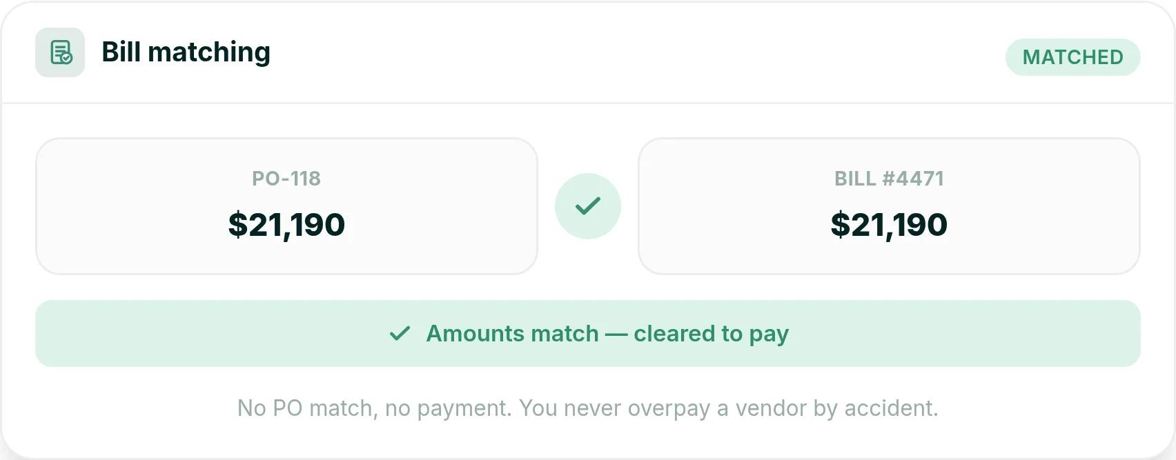 Ressio bill matching with PO-118 for $21,190 matched to bill 4471 for $21,190 and marked cleared to pay