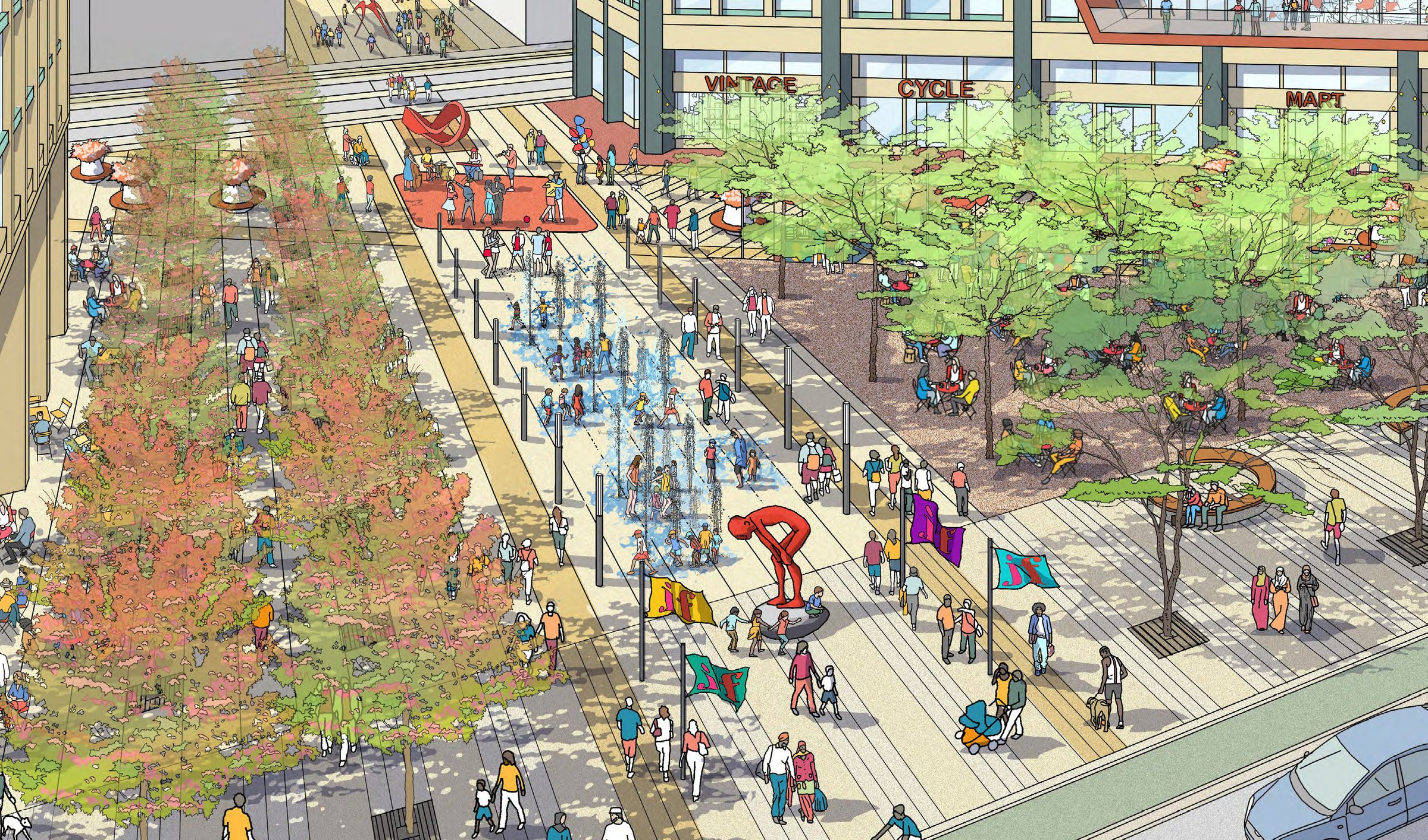 Rendering of a promenade with fountains
