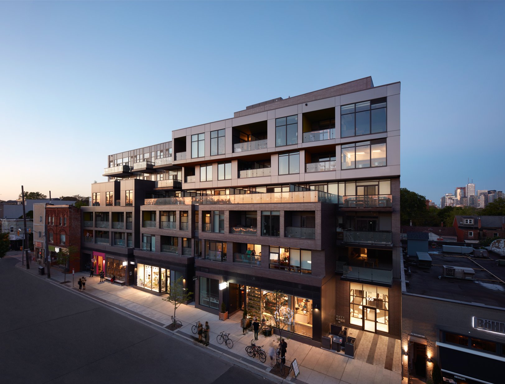 Exterior shot of facade of 109 Ossington at dusk