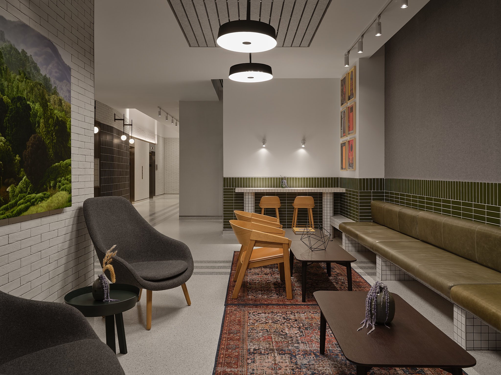 Lounge with banquette seating and rugs
