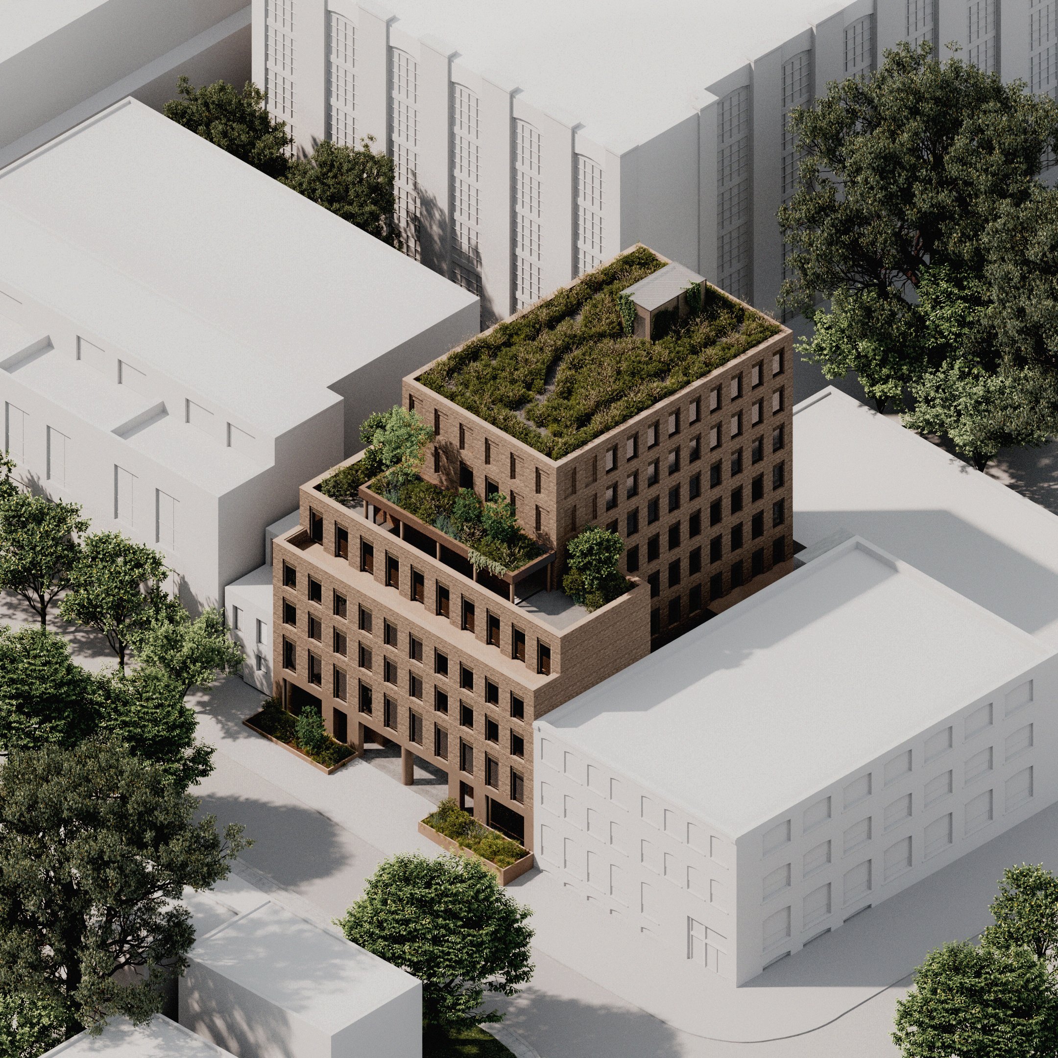Aerial rendering of a green-roofed brick block