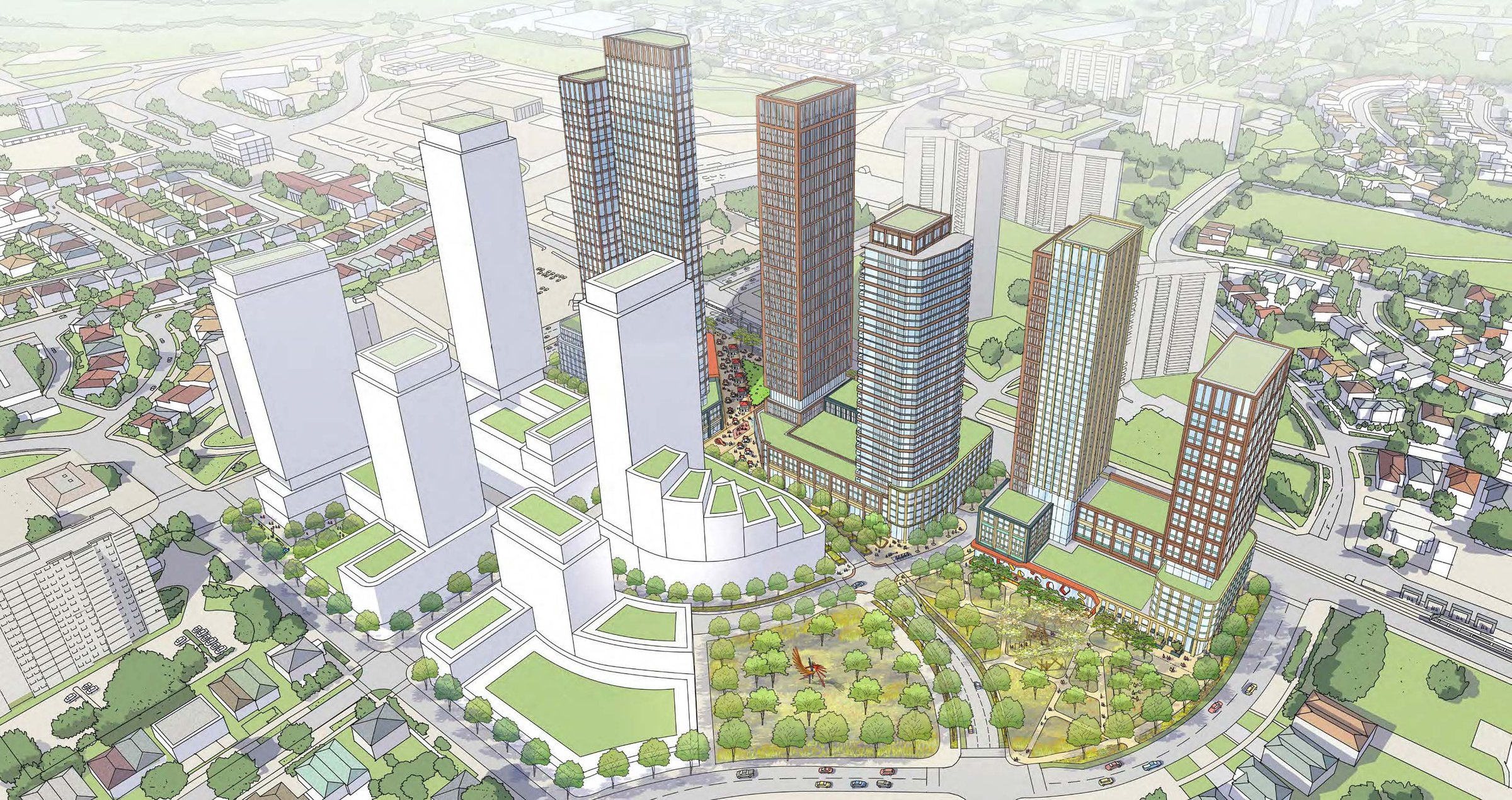 Rendering of a tower cluster and park