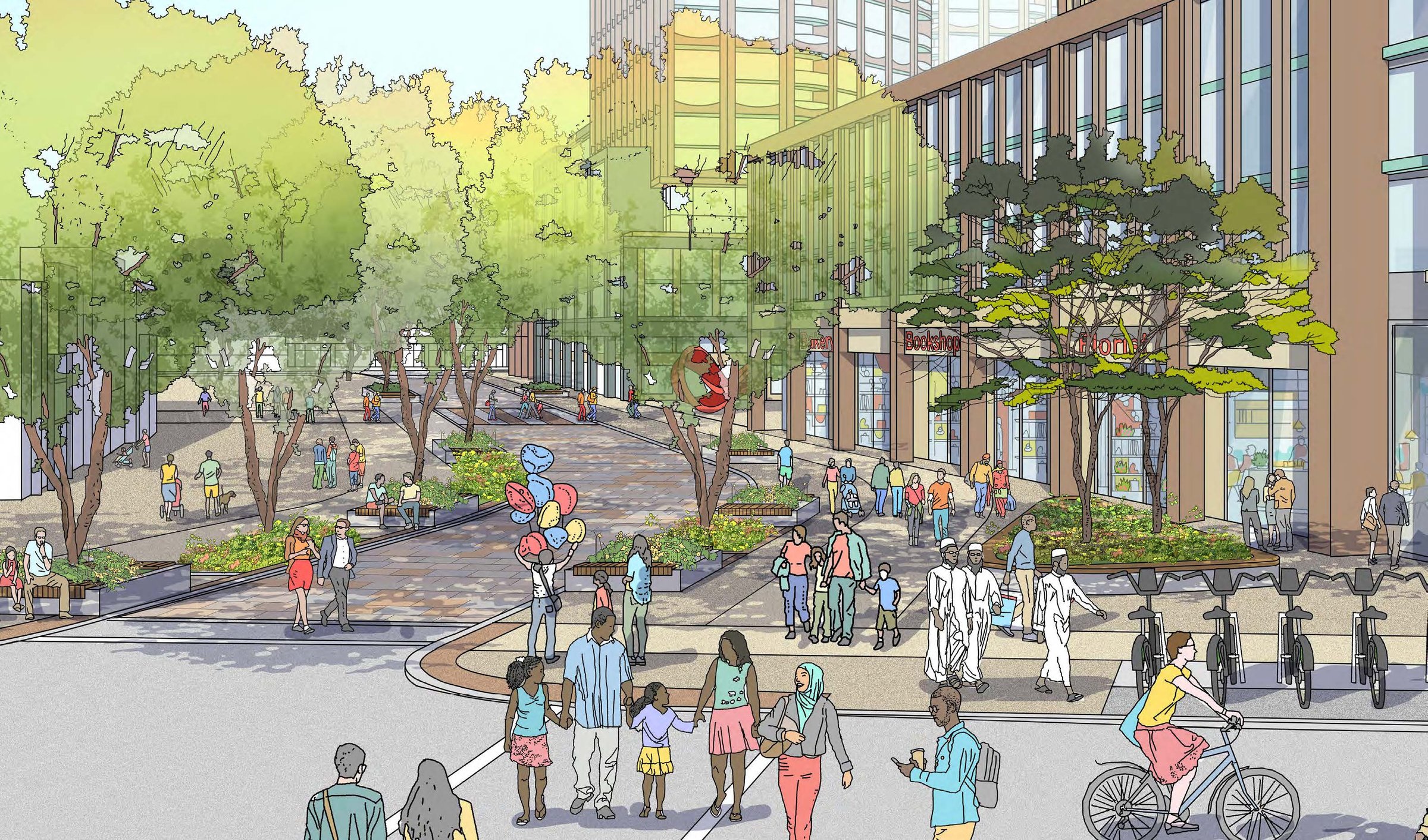 Rendering of a busy tree-lined plaza