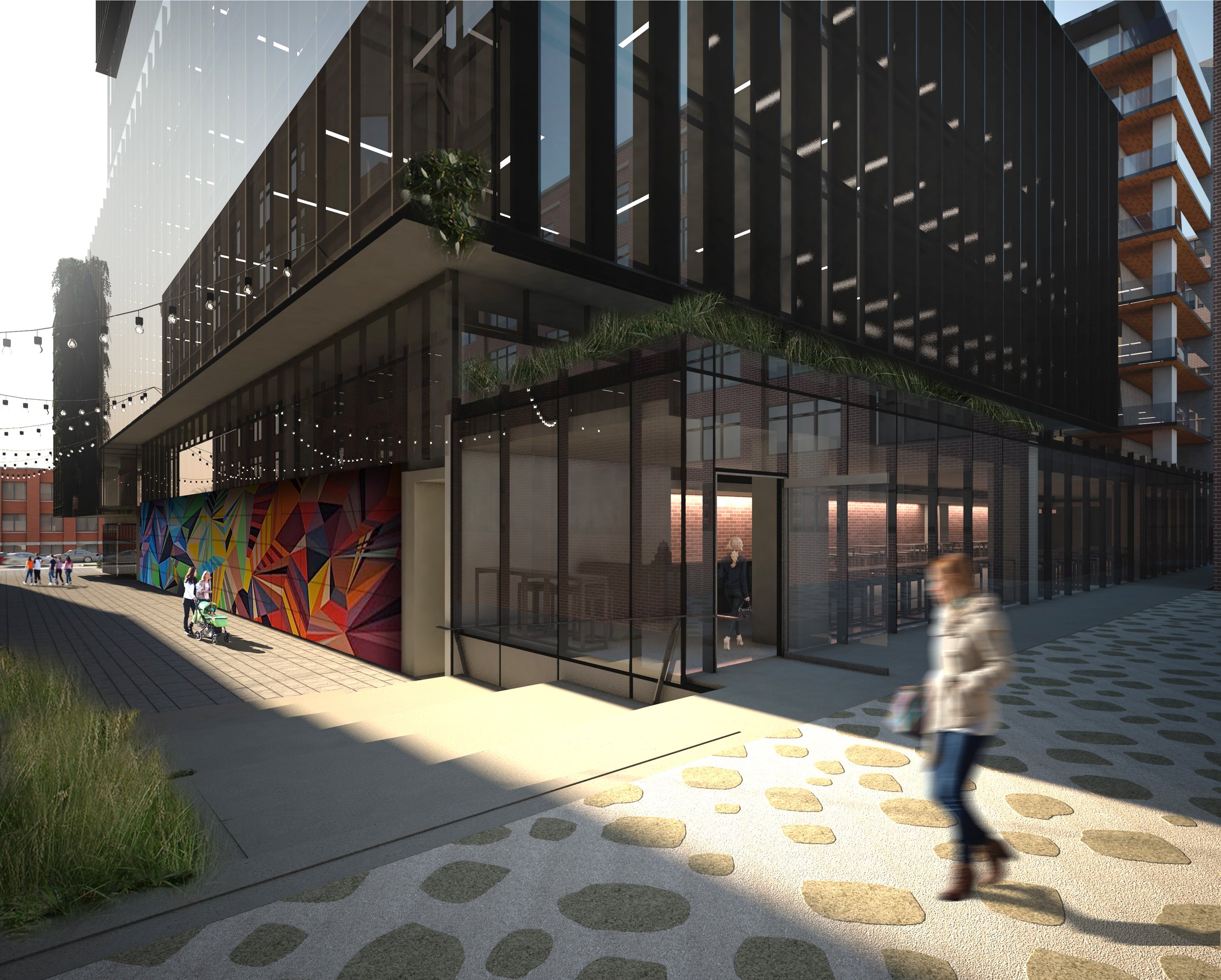 Rendering of a dark office podium and mural
