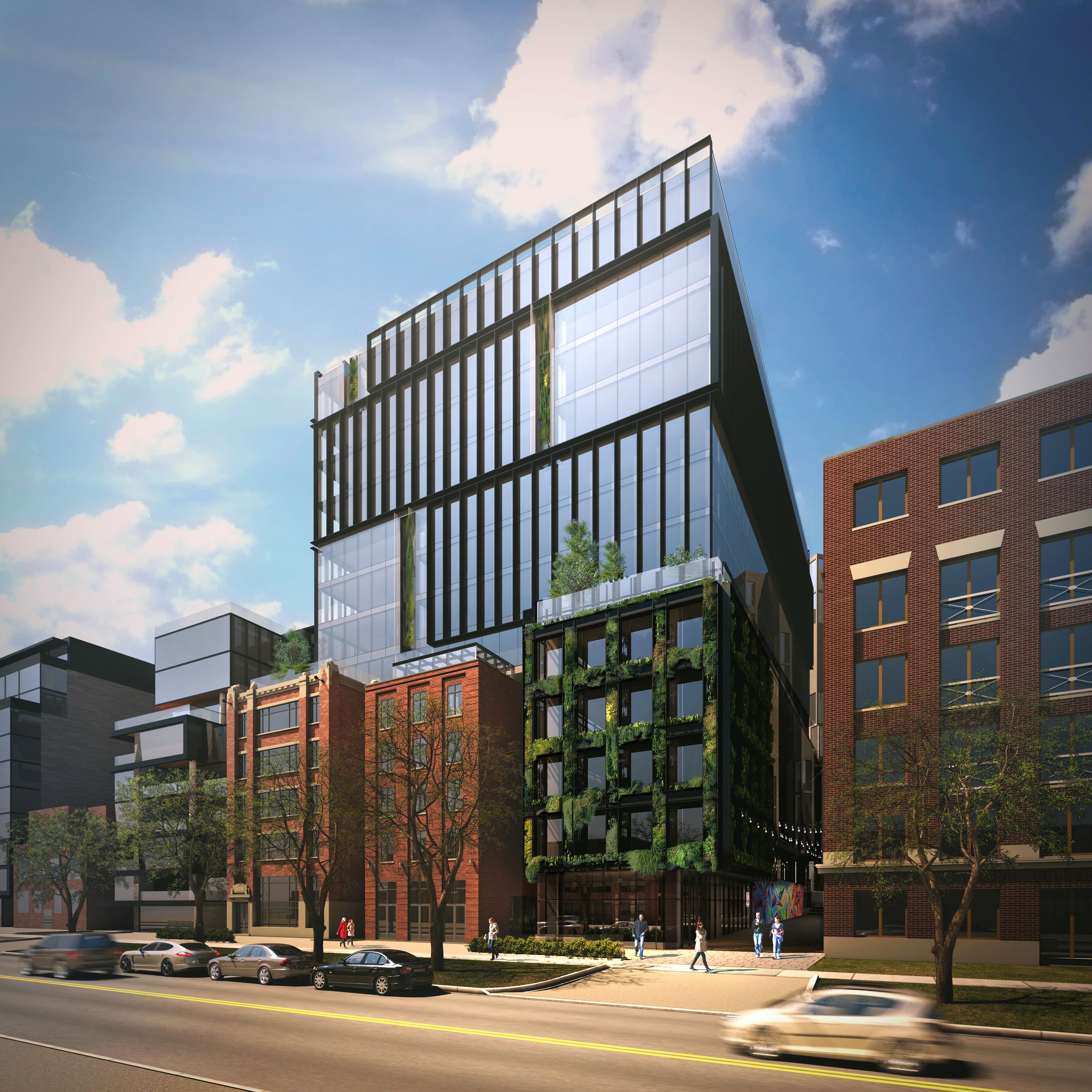 Rendering of a glass tower over brick lowrise