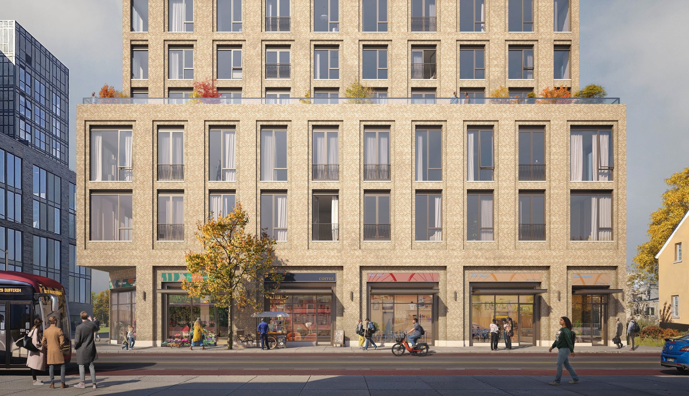 Rendering of a brick mid-rise with storefronts