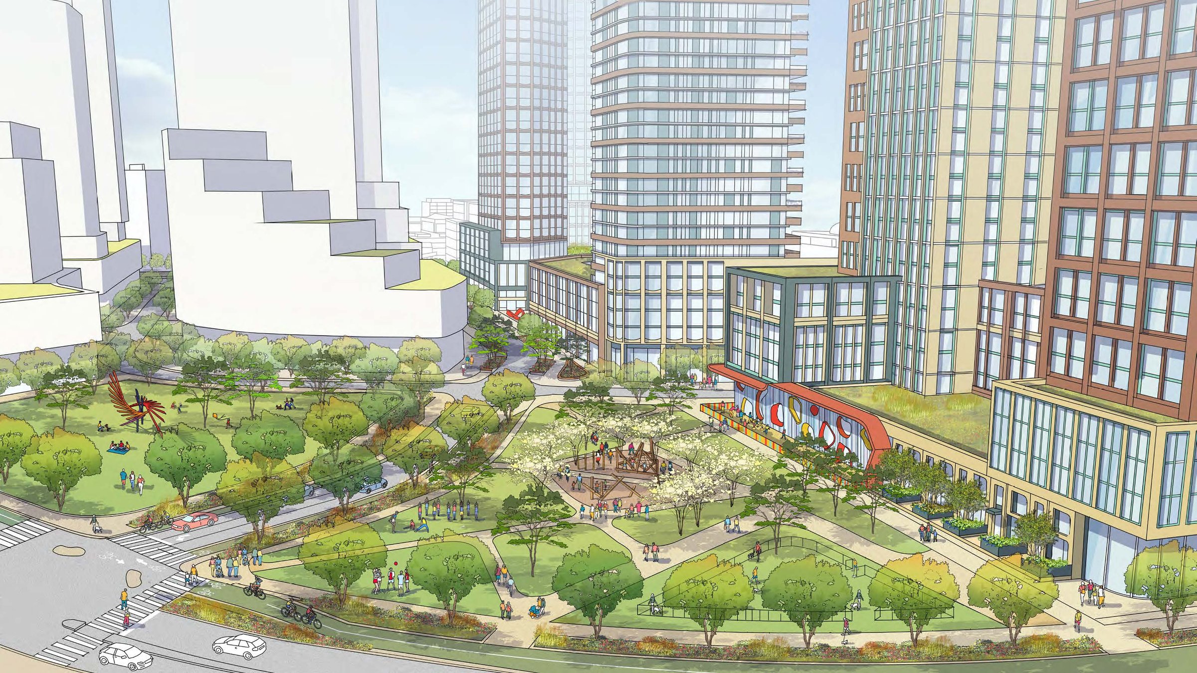 Rendering of a park ringed by towers