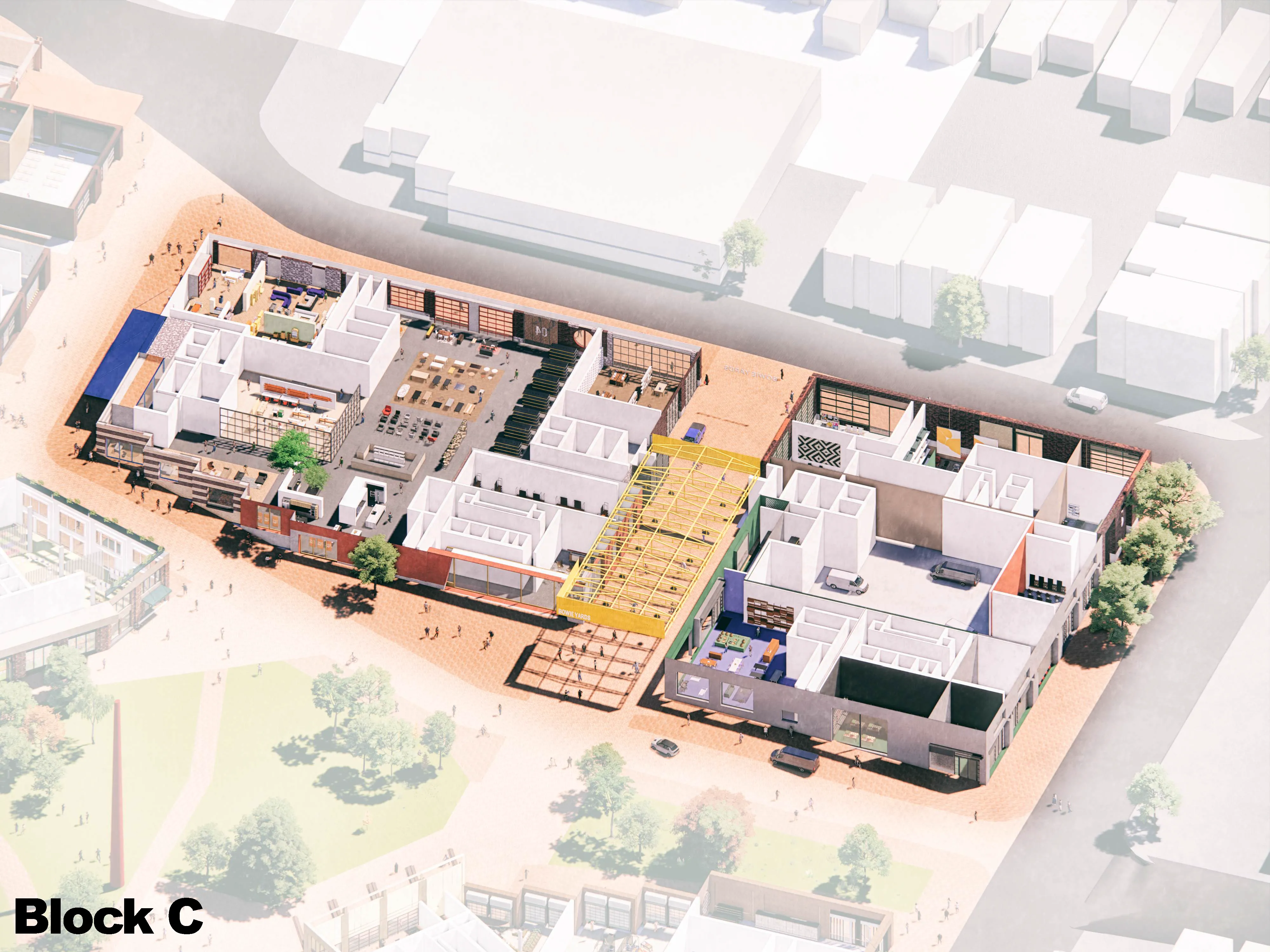 Rendering of an aerial block masterplan