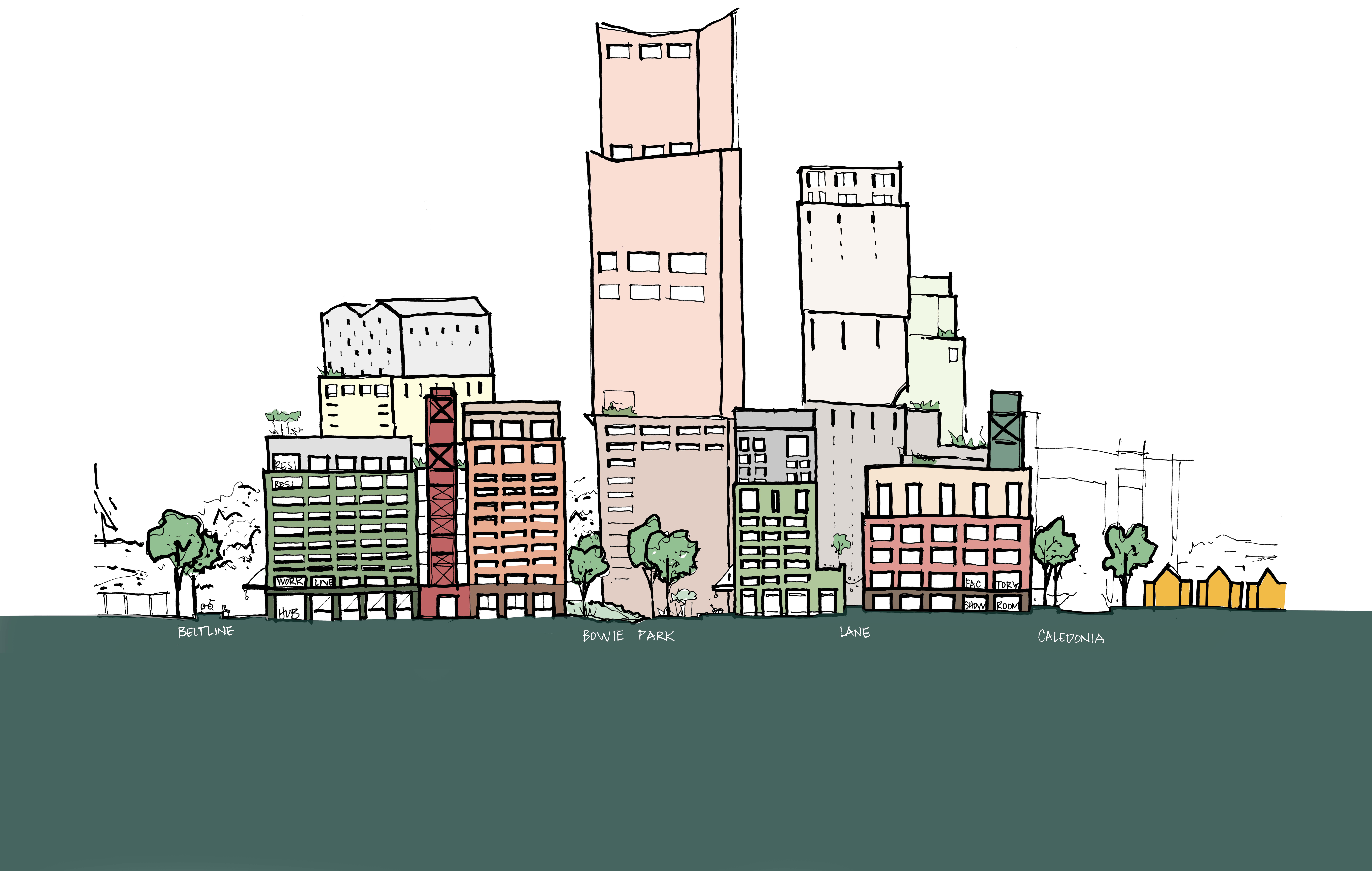 Illustrated skyline of low-rise and tower blocks