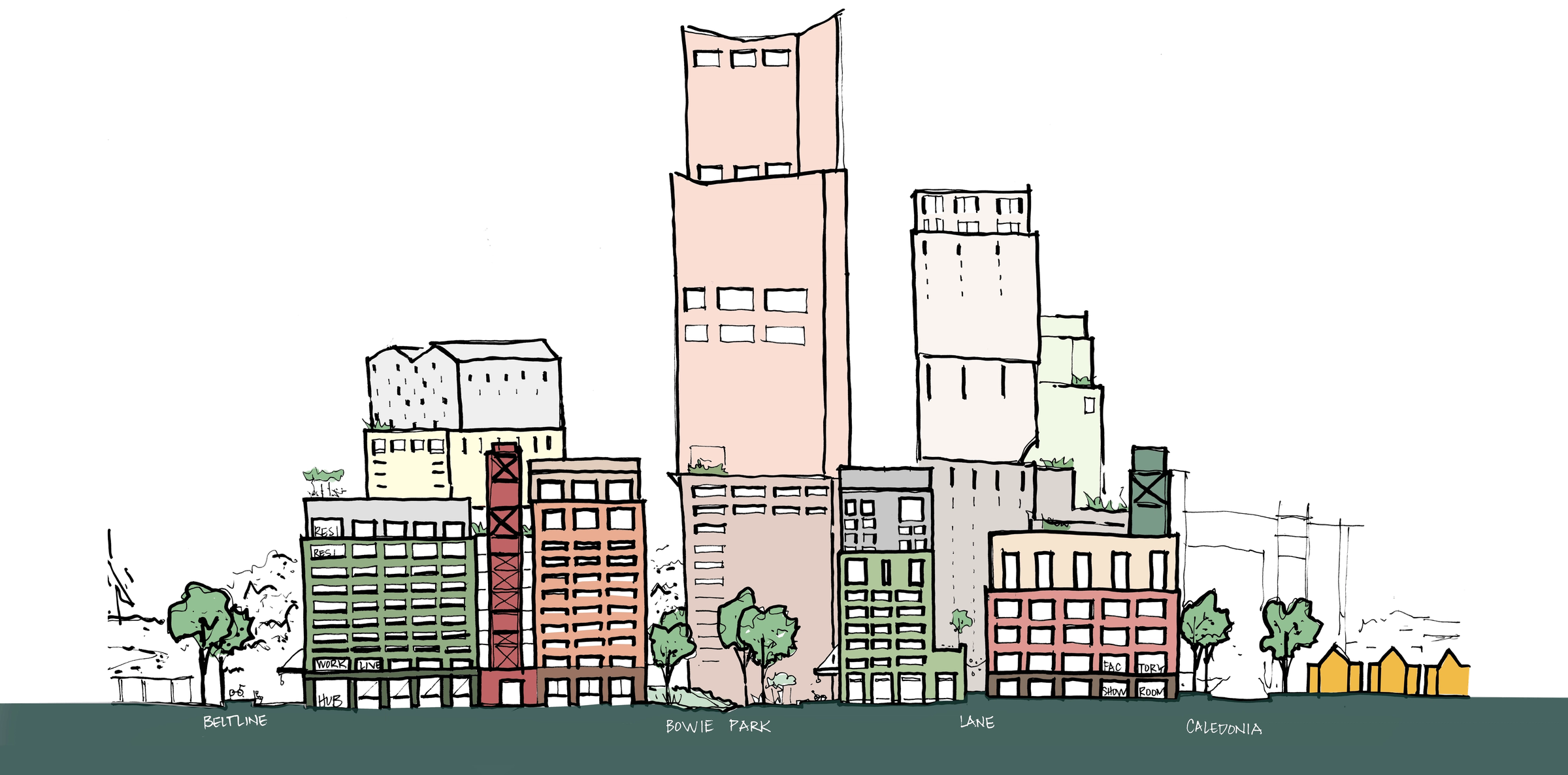 Illustrated skyline of low-rise and tower blocks