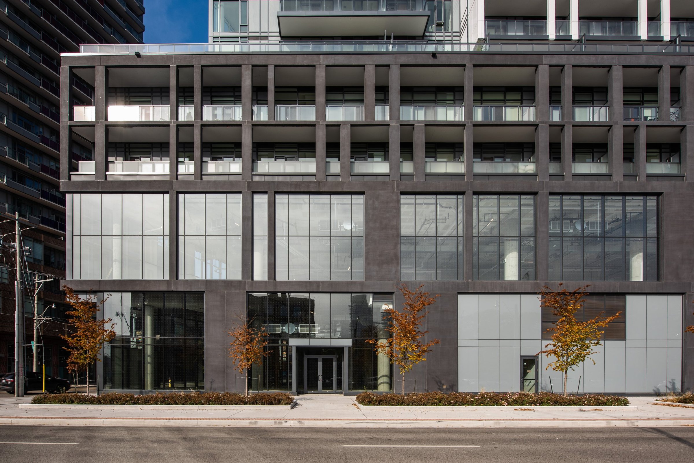 Charcoal facade and glazed base with autumn trees