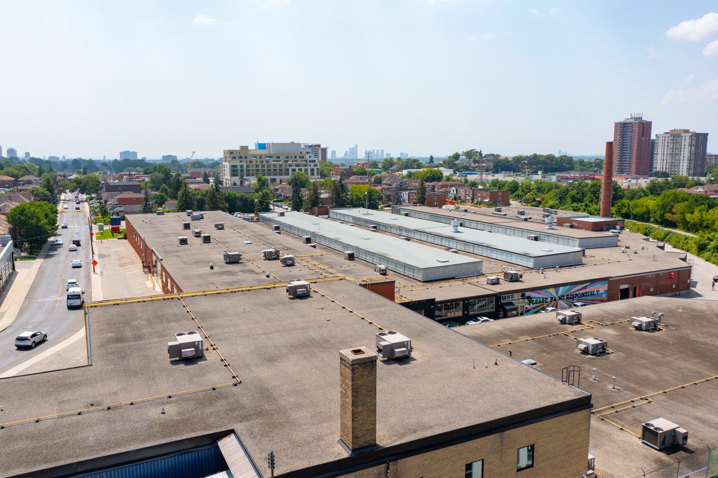 Aerial view of low-rise industrial rooftops
