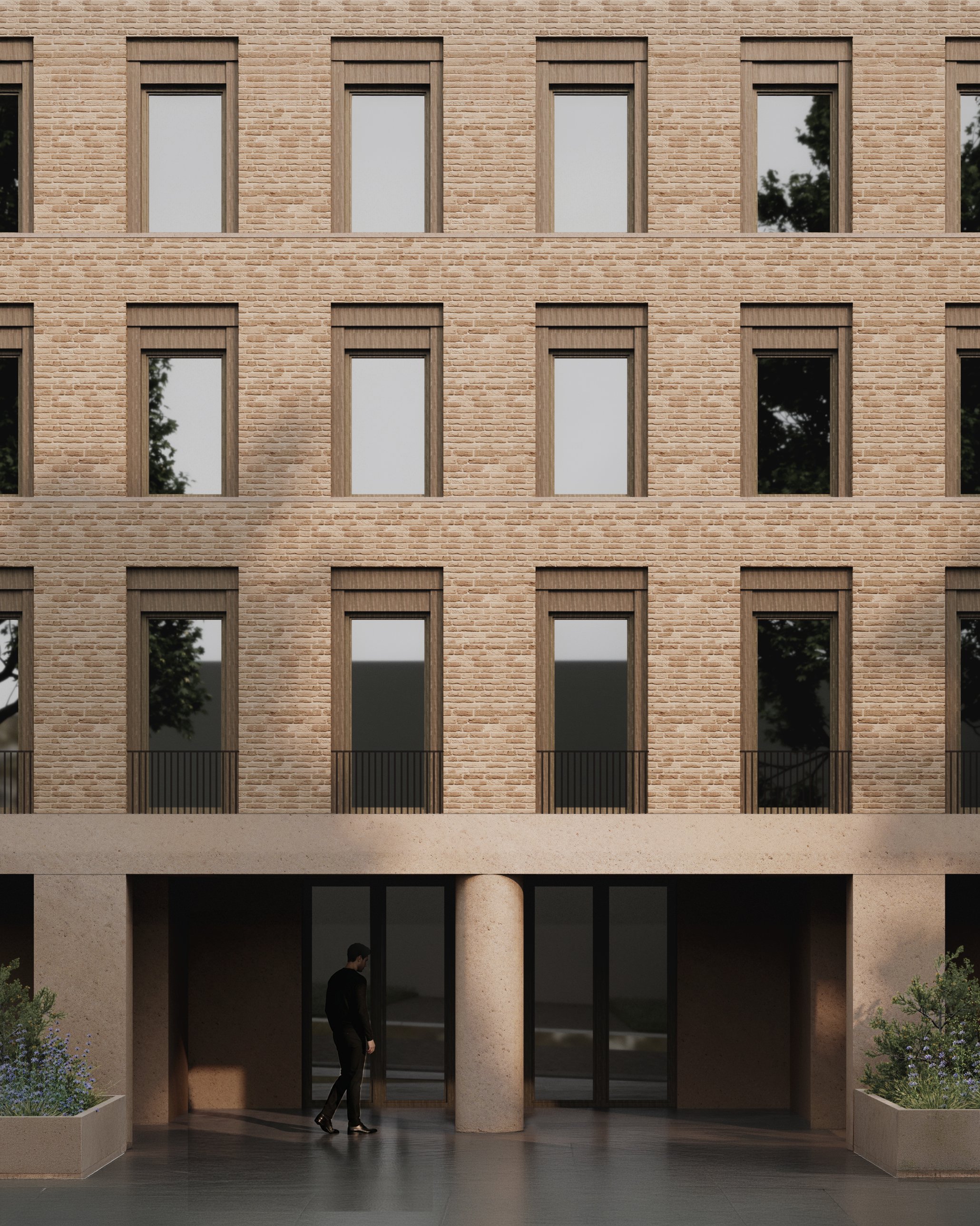 Rendering of brick facade over a glass lobby