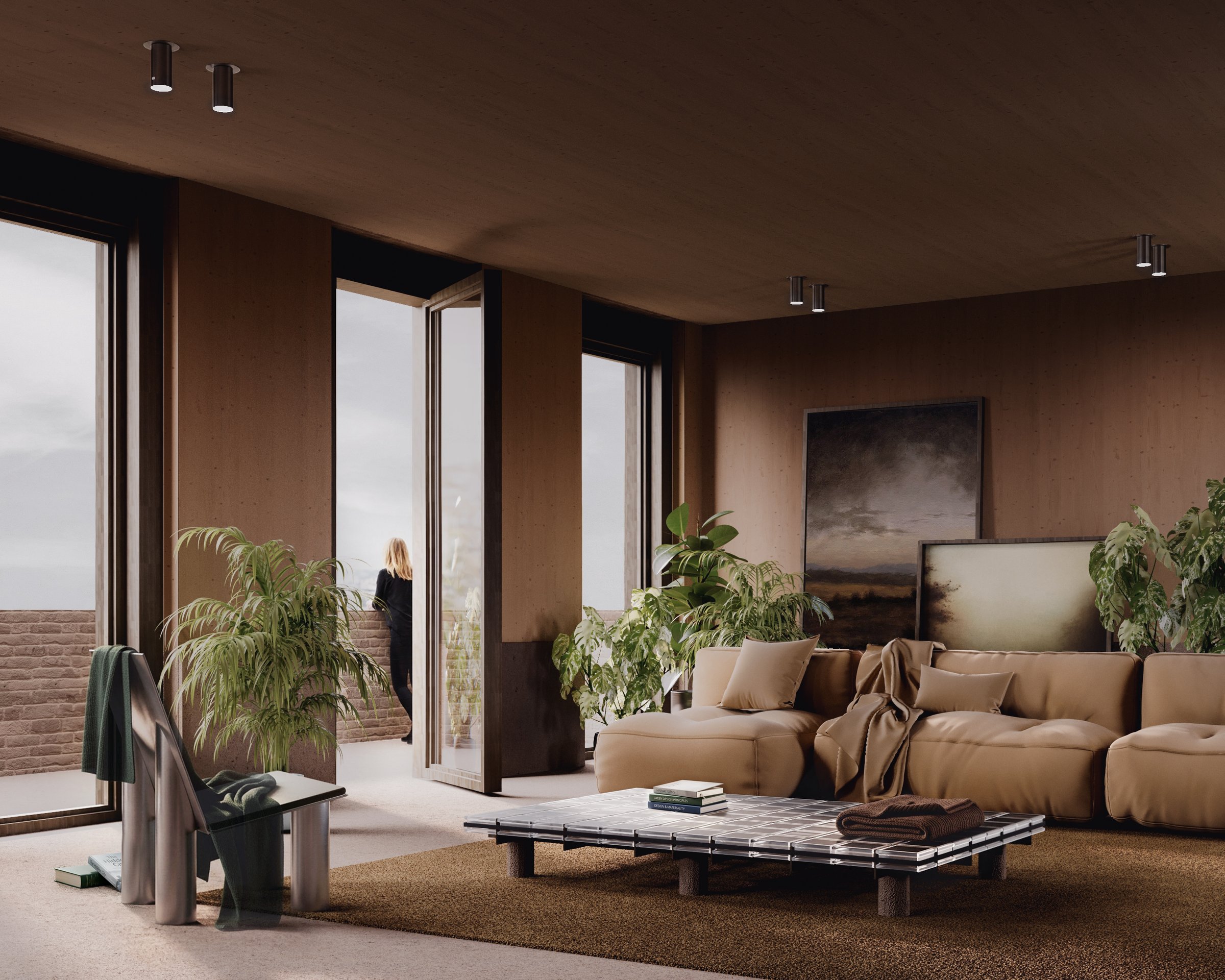 Rendering of a warm-toned living room