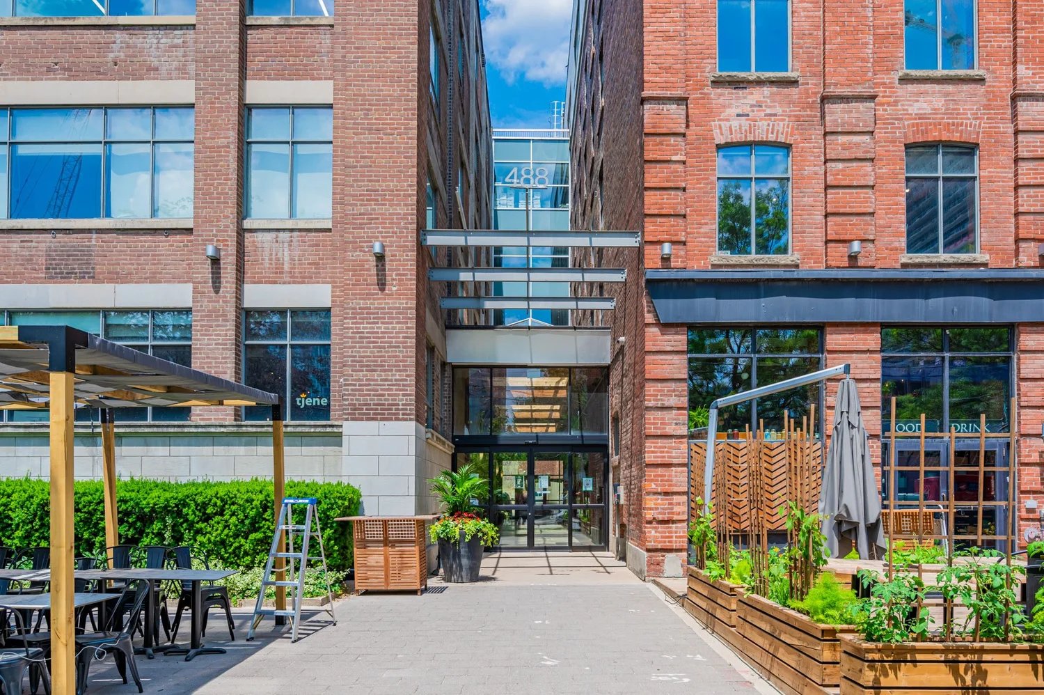 Brick courtyard with patio seating