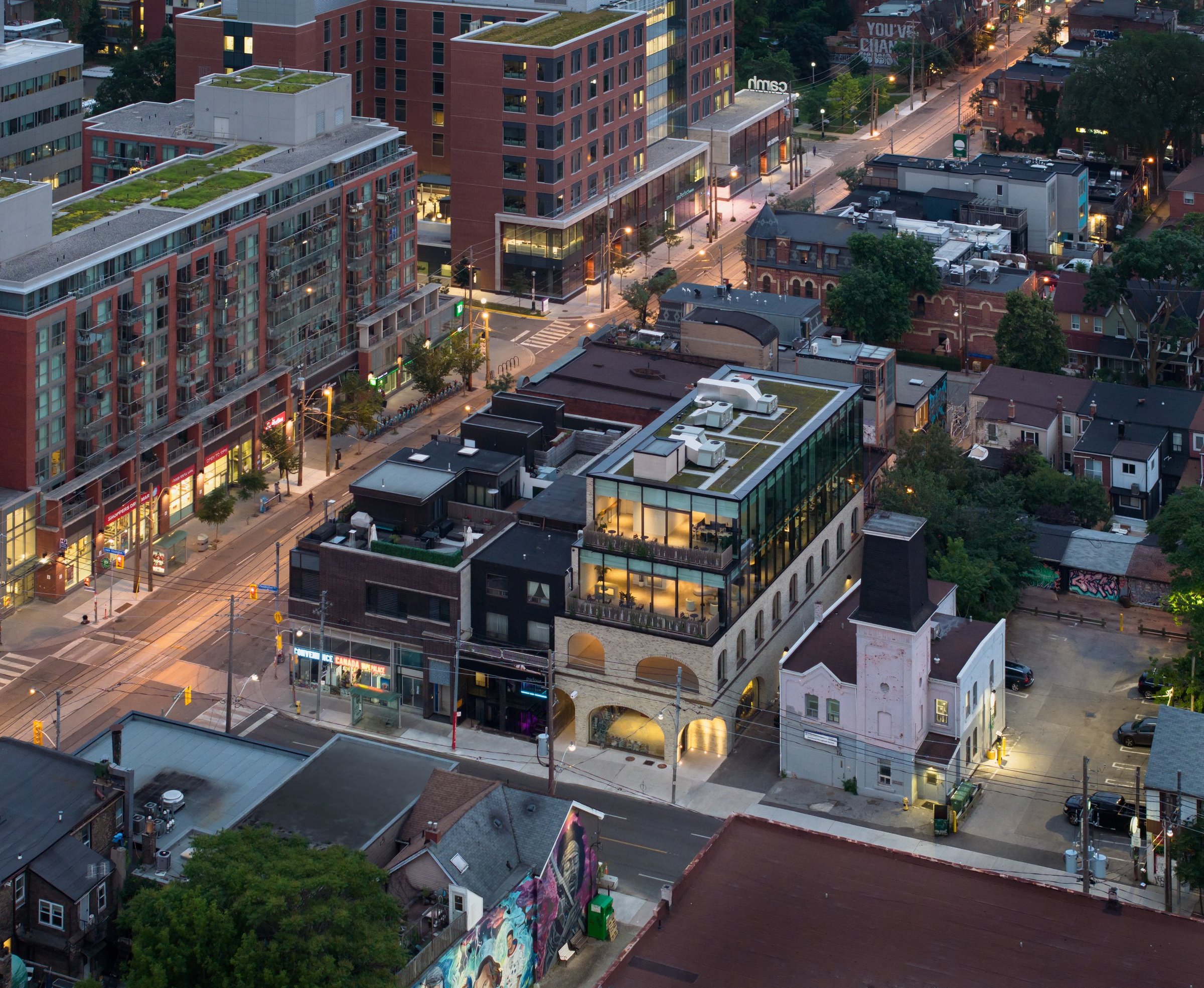 Aerial of low-rise shops and rooftop terrace