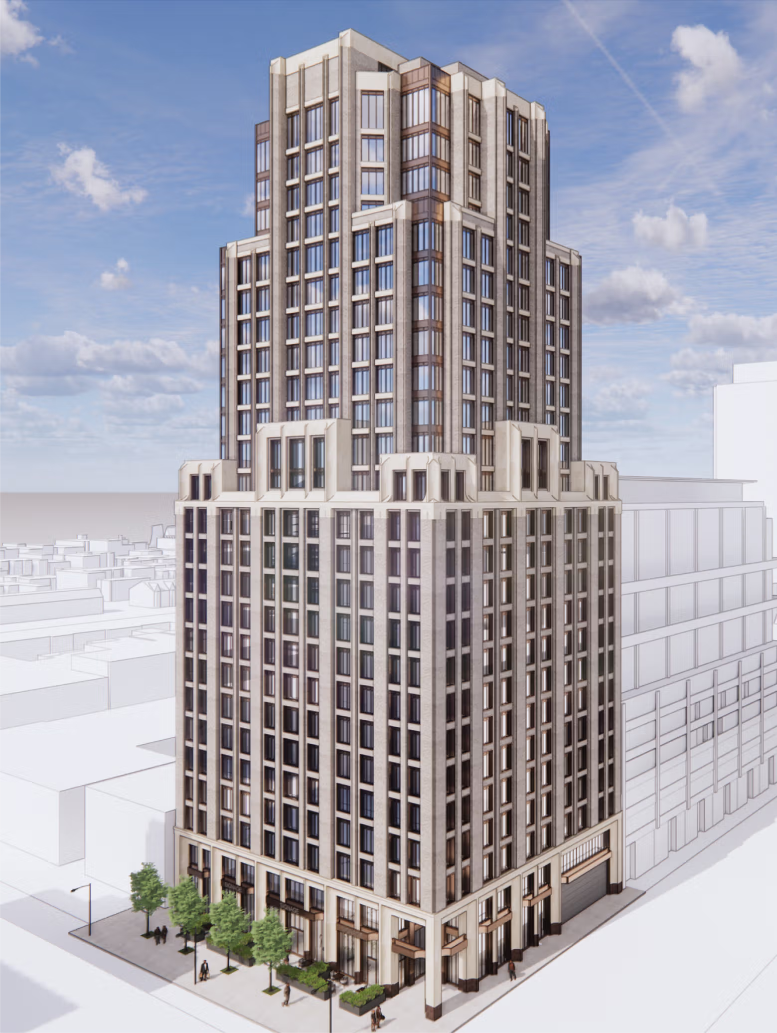 Rendering of a stepped masonry tower