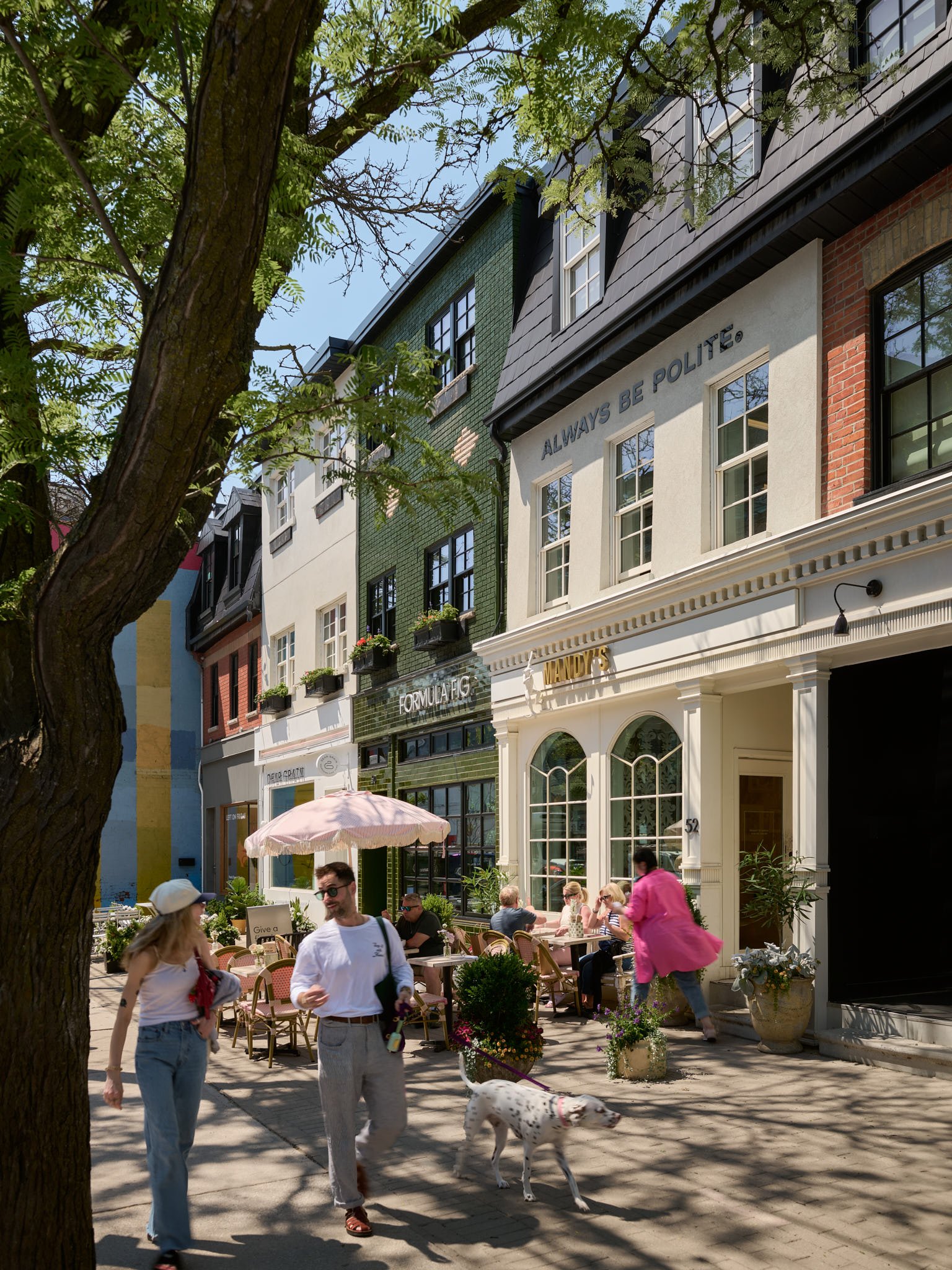 Sunny retail strip with cafe patio and dog
