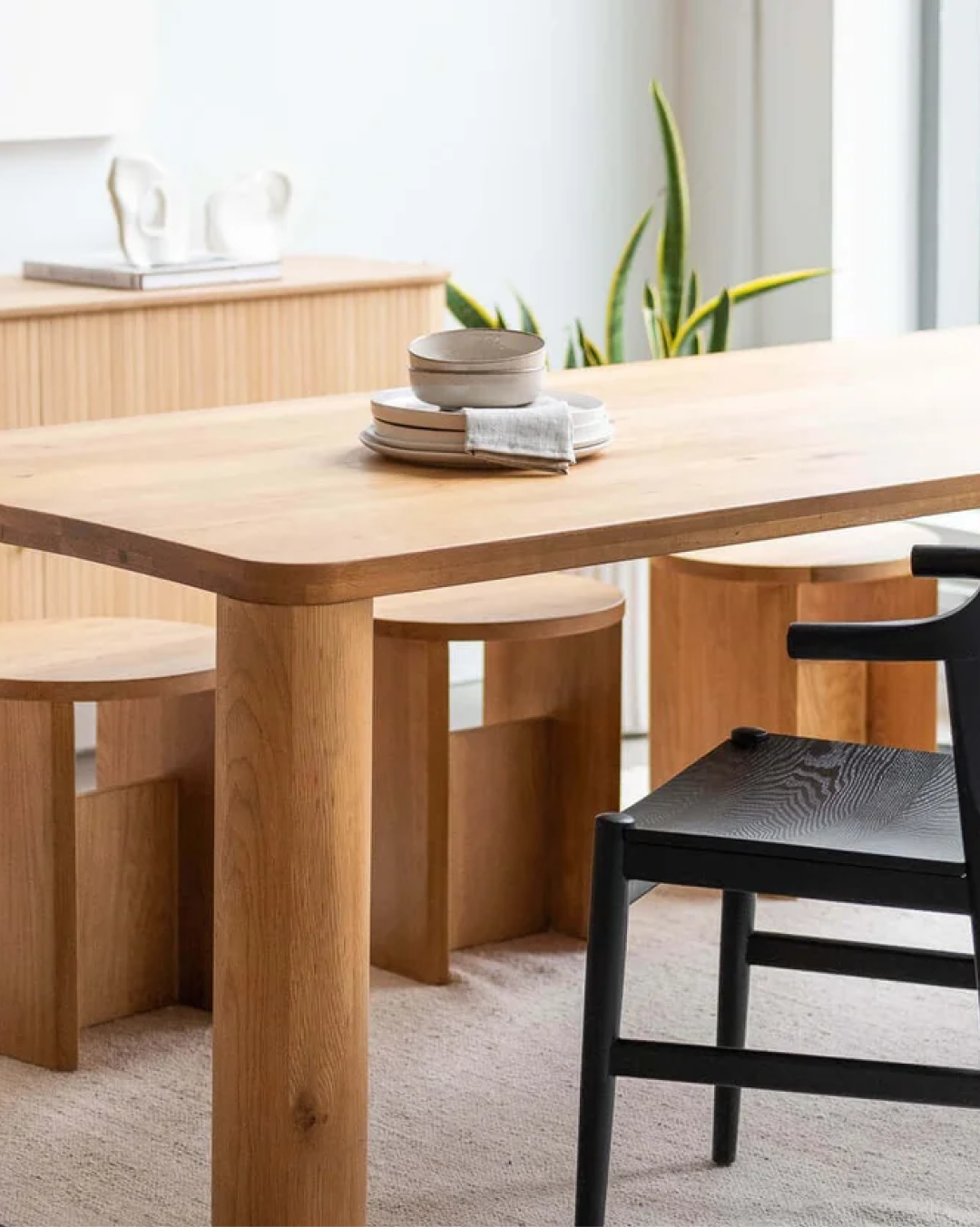 Oak dining table and stools by Sundays