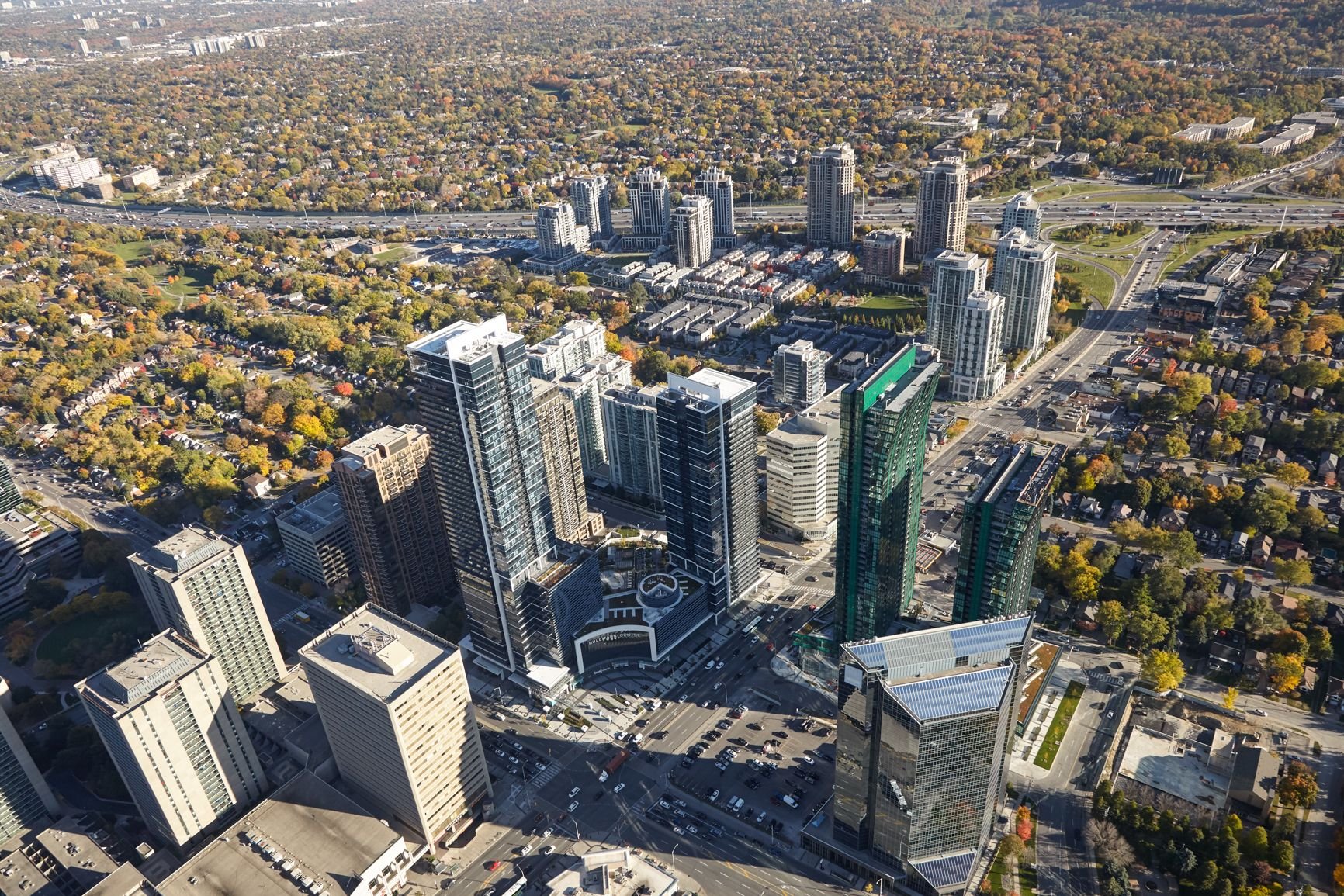 Aerial view of a highrise cluster in autumn