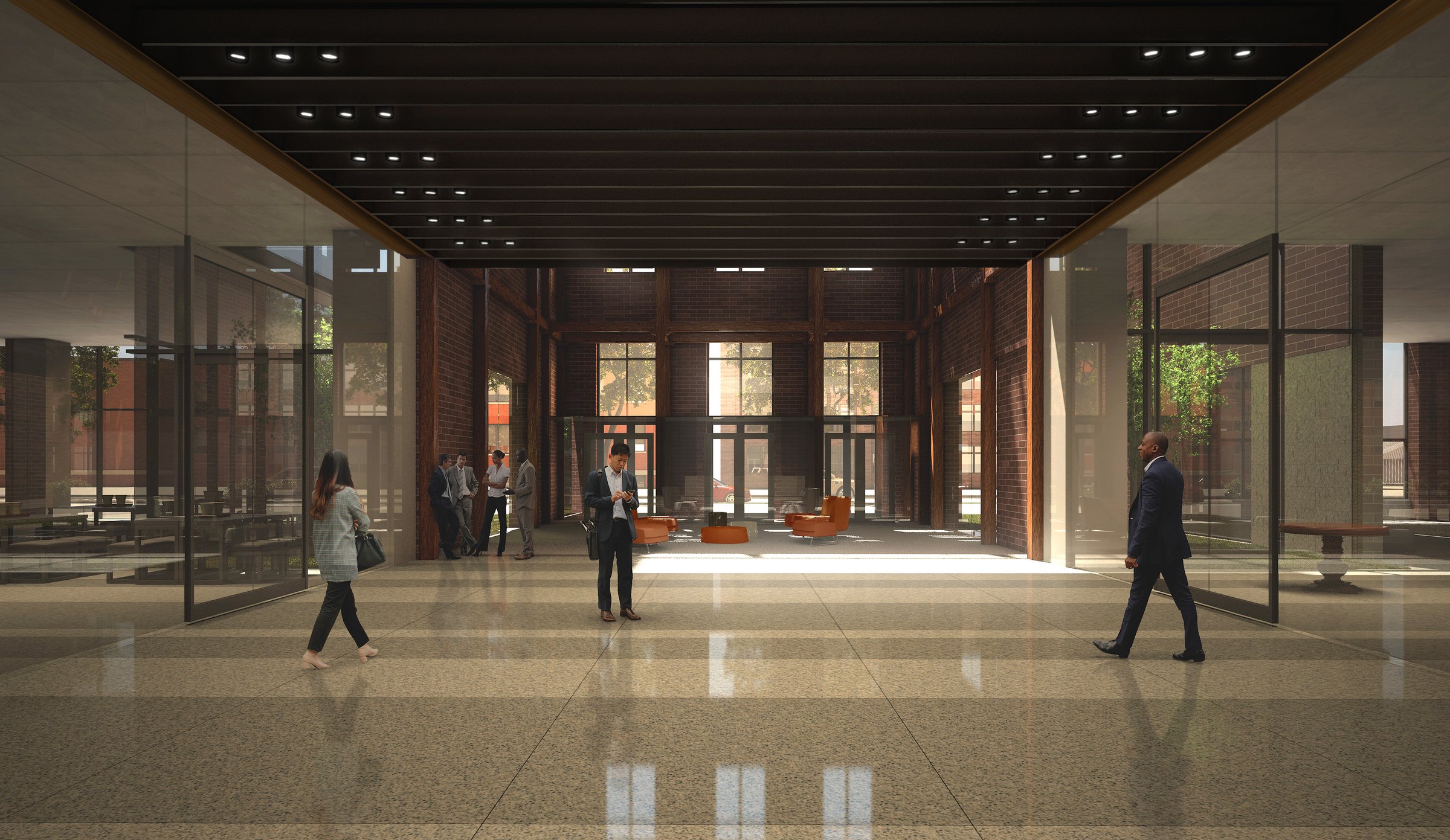 Rendering of a lobby with people walking