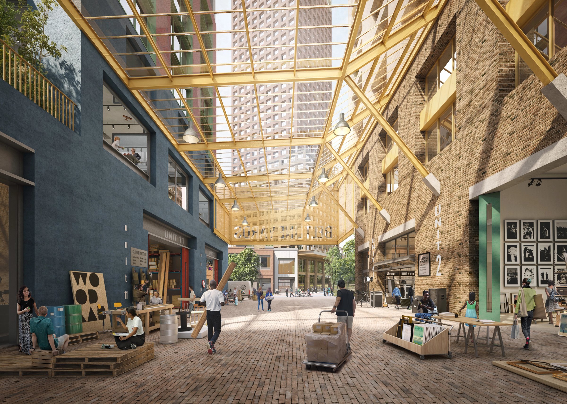 Rendering of a glass-roofed brick laneway